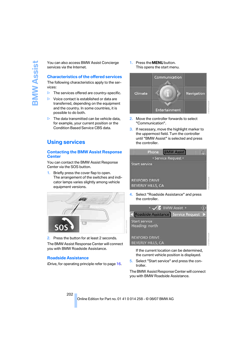 Using services, Bmw assis t | BMW 335i Convertible 2008 User Manual | Page 204 / 272