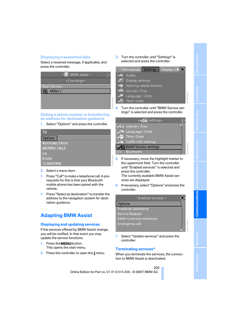 Adapting bmw assist | BMW 335i Convertible 2008 User Manual | Page 207 / 272