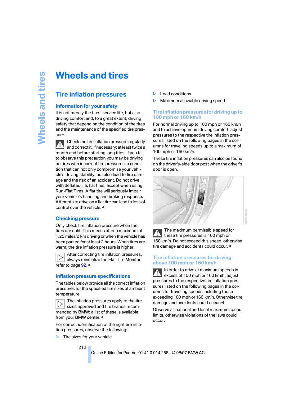 Wheels and tires, Tire inflation pressures, Wh eels and tire s | BMW 335i Convertible 2008 User Manual | Page 214 / 272