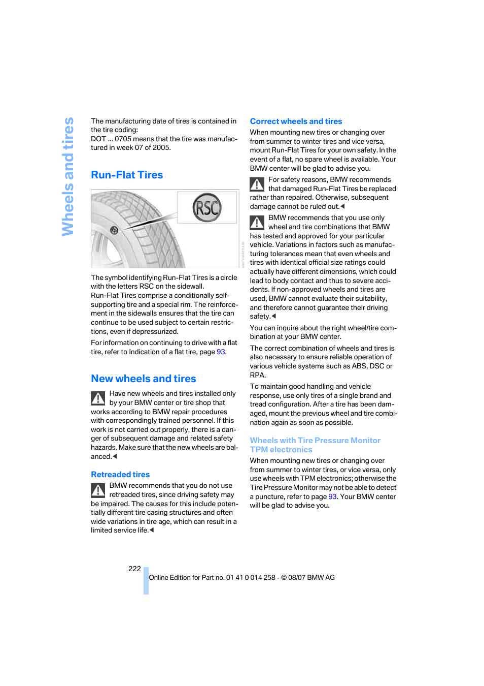 Run-flat tires, New wheels and tires, Wh eels and tire s | BMW 335i Convertible 2008 User Manual | Page 224 / 272