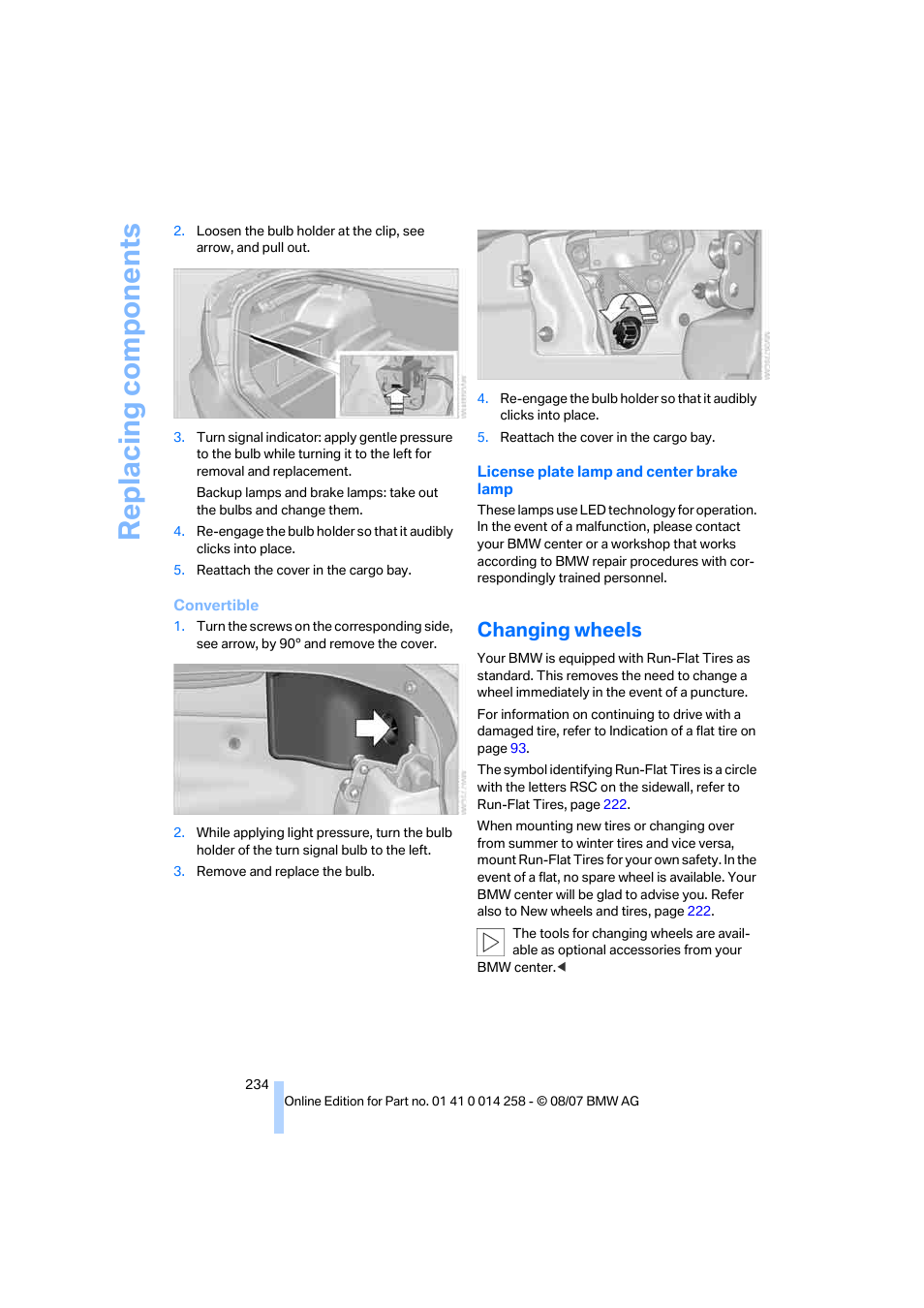 Changing wheels, Replacing components | BMW 335i Convertible 2008 User Manual | Page 236 / 272