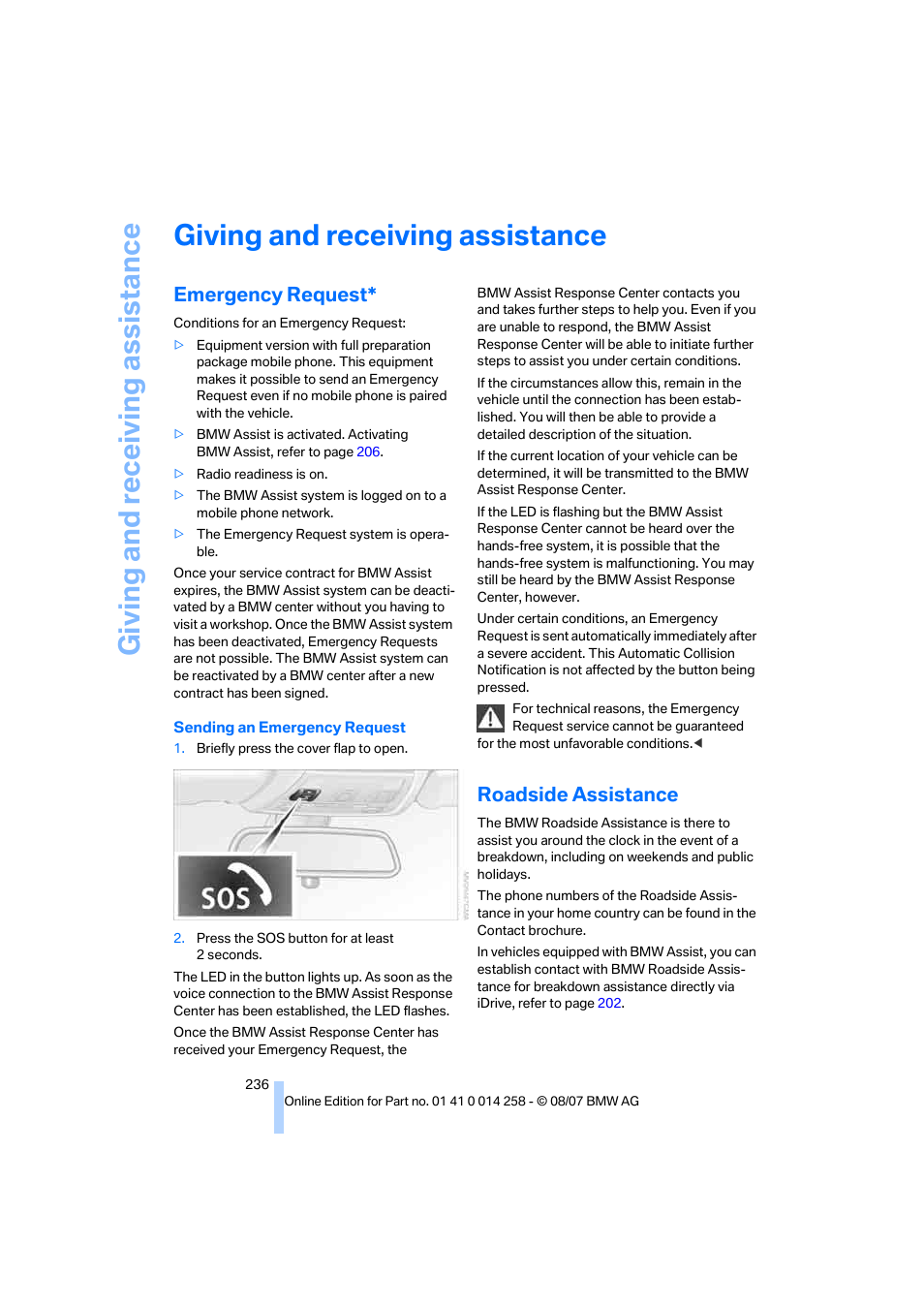 Giving and receiving assistance, Emergency request, Roadside assistance | Giving and receiv ing as sistance | BMW 335i Convertible 2008 User Manual | Page 238 / 272