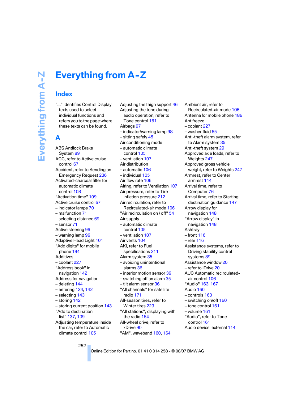 Everything from a - z, Index, Ev e ryth ing from a -z | Everything from a-z | BMW 335i Convertible 2008 User Manual | Page 254 / 272