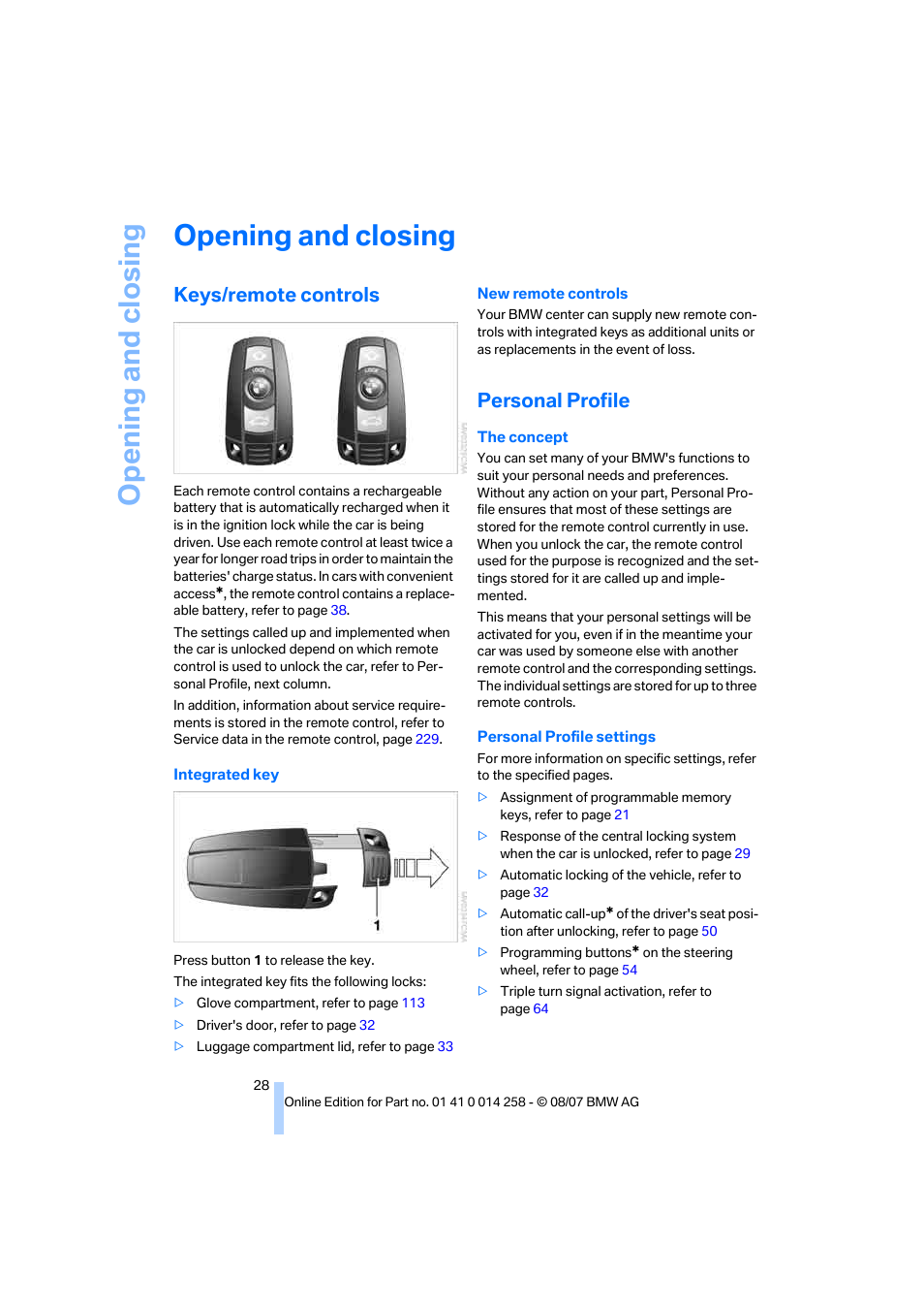 Opening and closing, Keys/remote controls, Personal profile | BMW 335i Convertible 2008 User Manual | Page 30 / 272