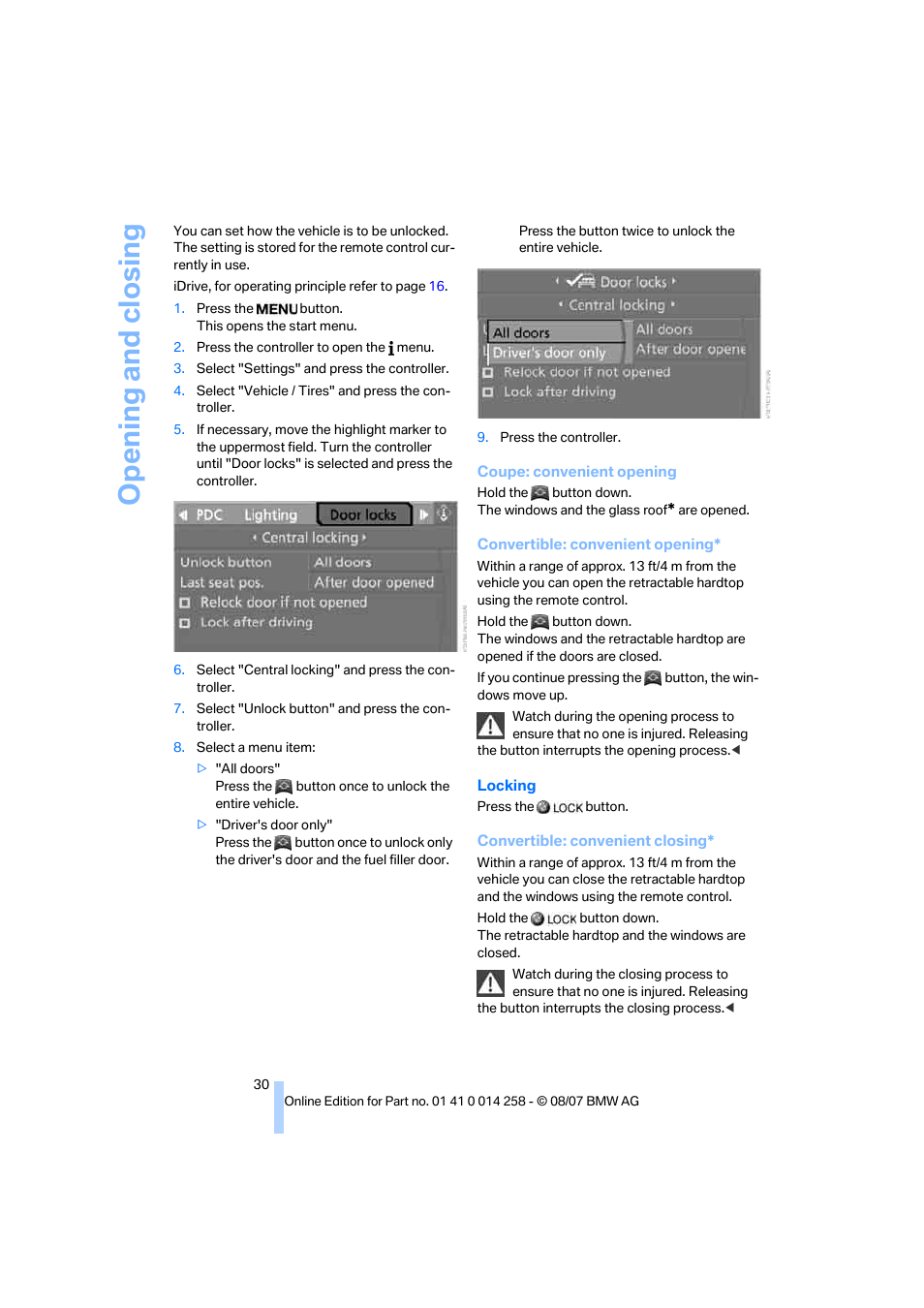 Opening and closing | BMW 335i Convertible 2008 User Manual | Page 32 / 272