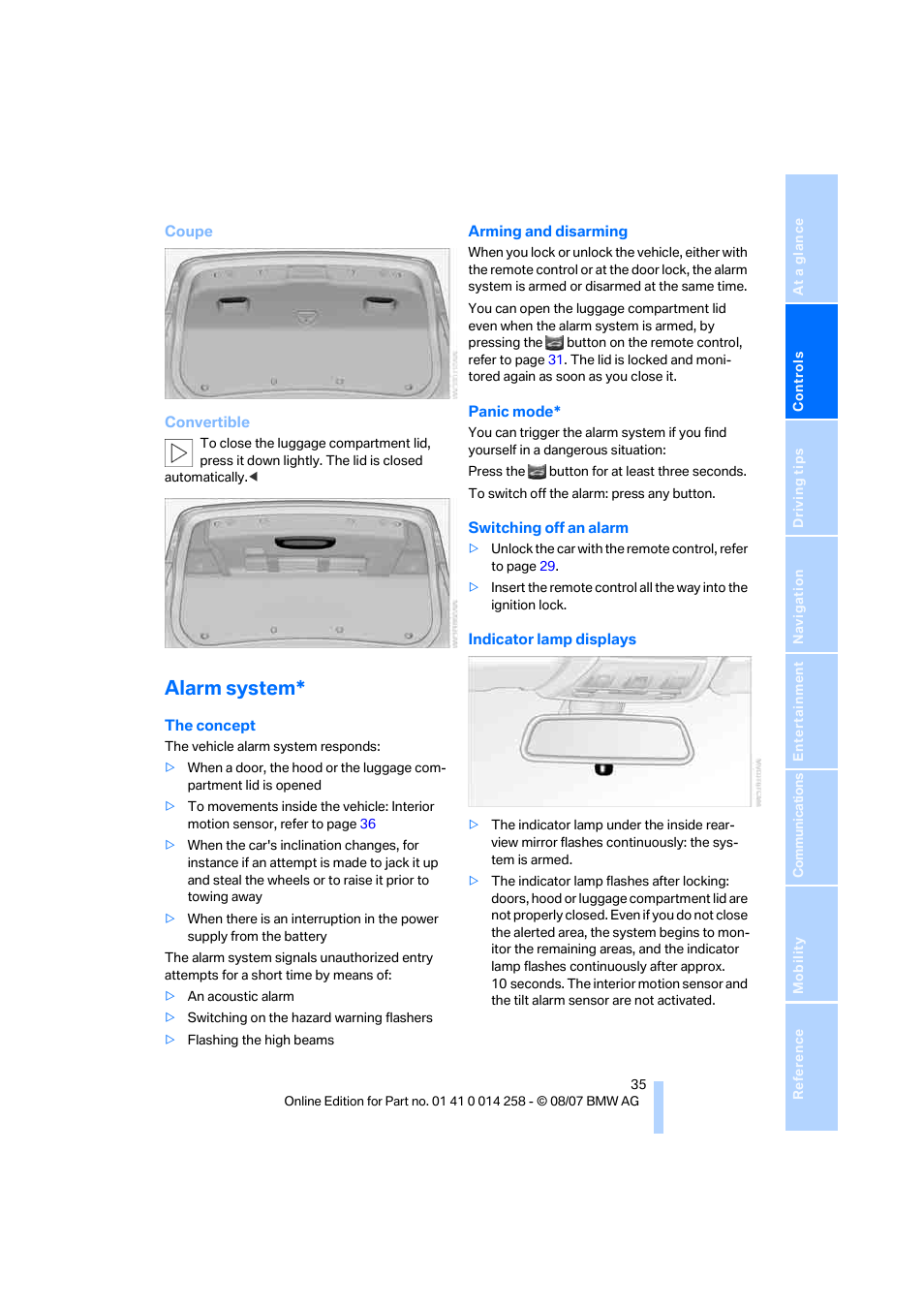 Alarm system, D. switching off an alarm | BMW 335i Convertible 2008 User Manual | Page 37 / 272