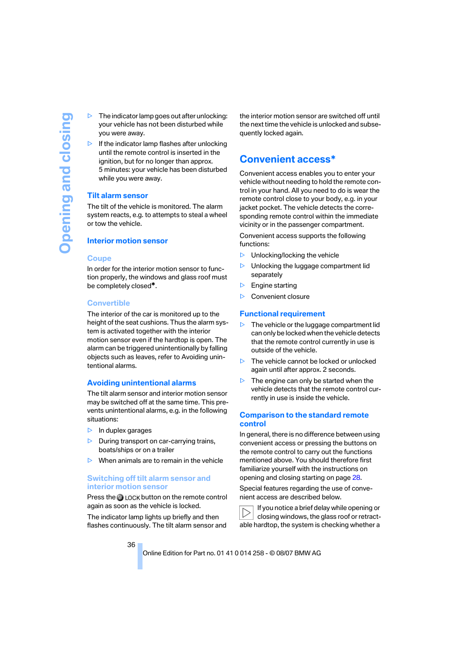 Convenient access, Interior motion sensor, r, Opening and closing | BMW 335i Convertible 2008 User Manual | Page 38 / 272