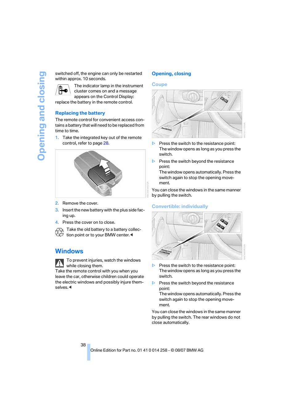 Windows, Opening and closing | BMW 335i Convertible 2008 User Manual | Page 40 / 272