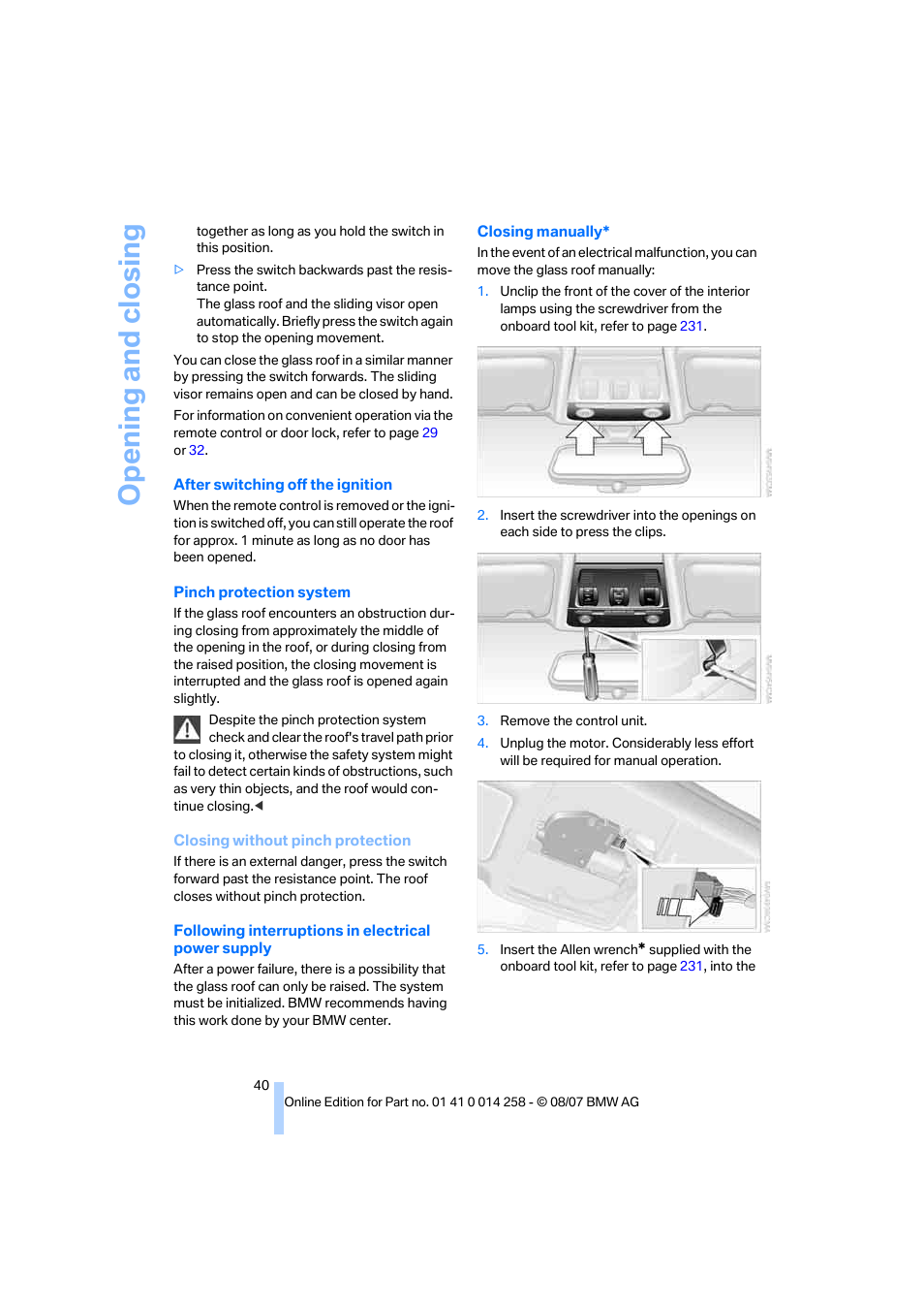 Opening and closing | BMW 335i Convertible 2008 User Manual | Page 42 / 272