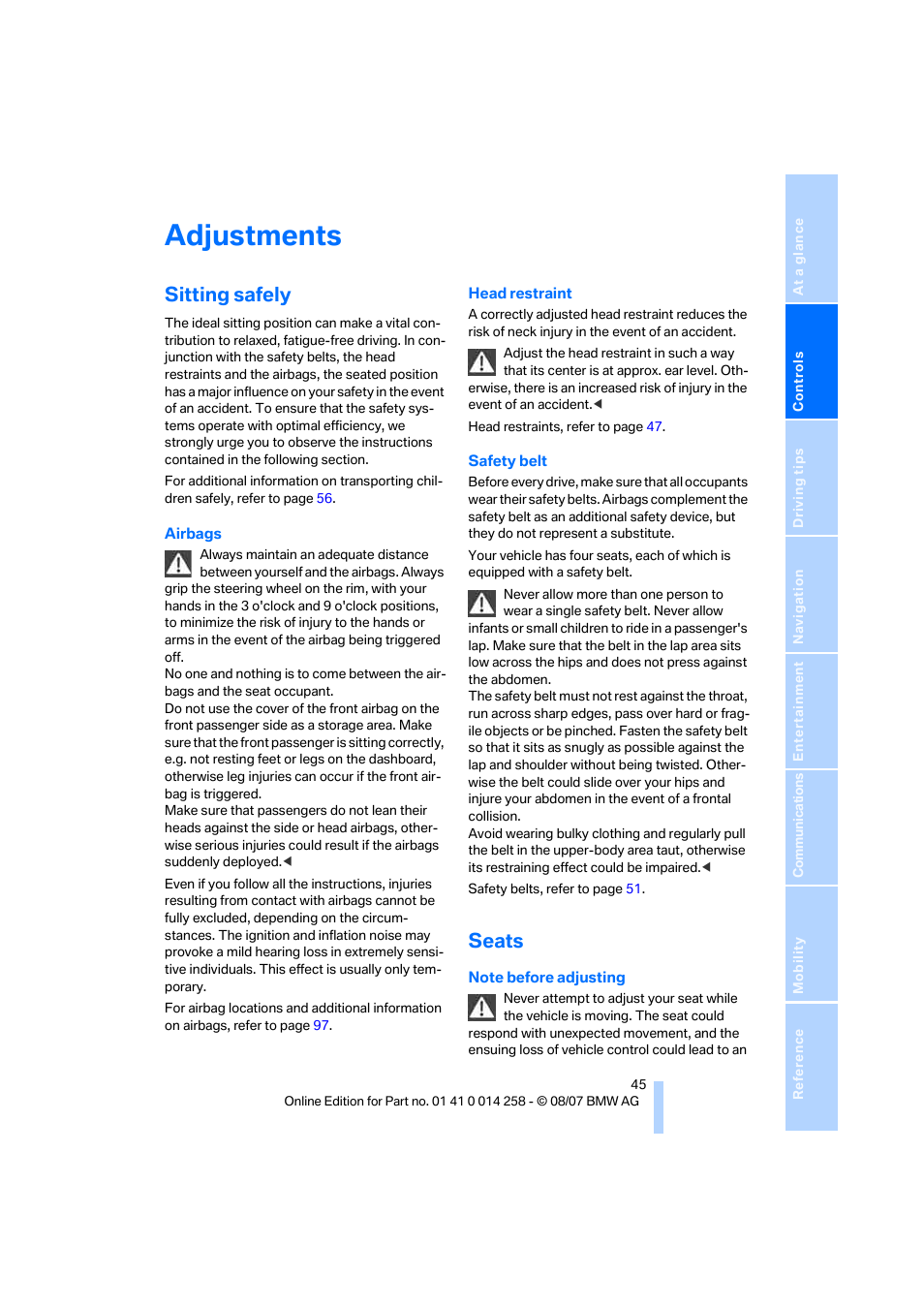 Adjustments, Sitting safely, Seats | BMW 335i Convertible 2008 User Manual | Page 47 / 272