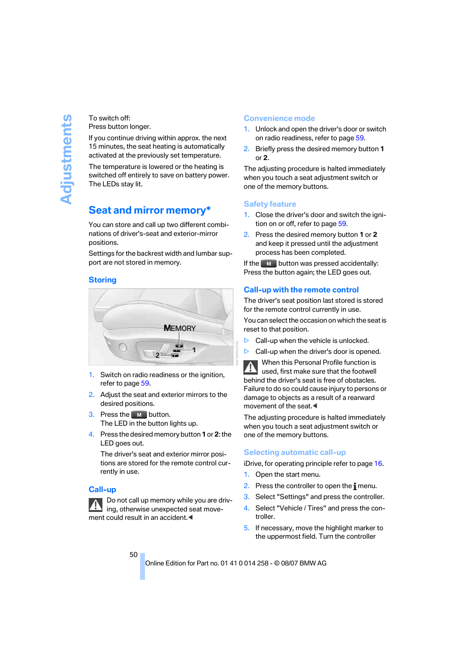 Seat and mirror memory, Adju stmen ts | BMW 335i Convertible 2008 User Manual | Page 52 / 272