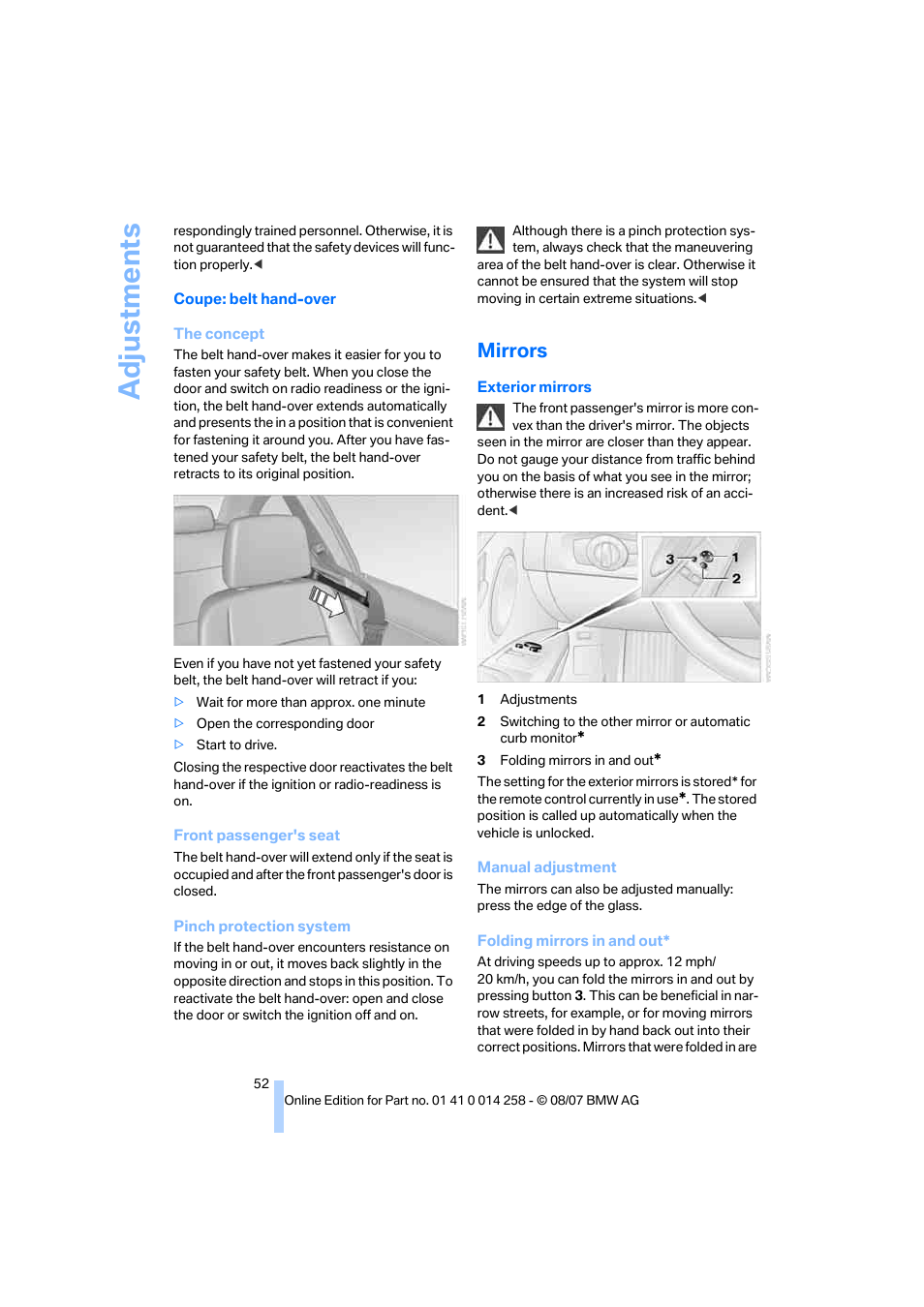 Mirrors, Adju stmen ts | BMW 335i Convertible 2008 User Manual | Page 54 / 272