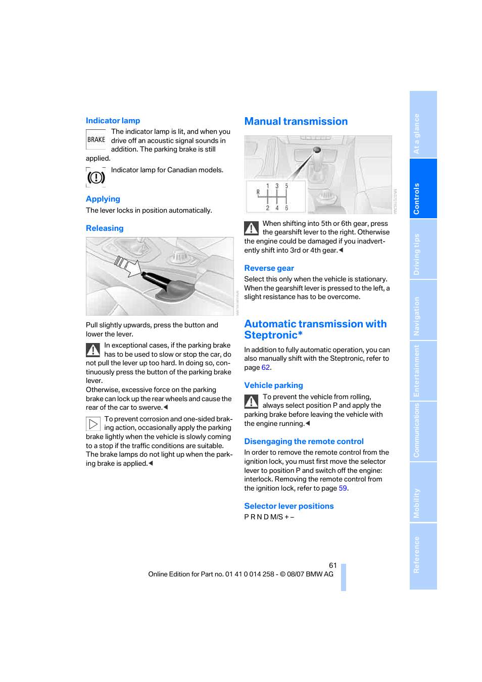 Manual transmission, Automatic transmission with steptronic | BMW 335i Convertible 2008 User Manual | Page 63 / 272