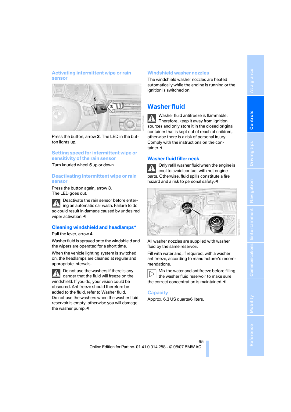 Washer fluid | BMW 335i Convertible 2008 User Manual | Page 67 / 272
