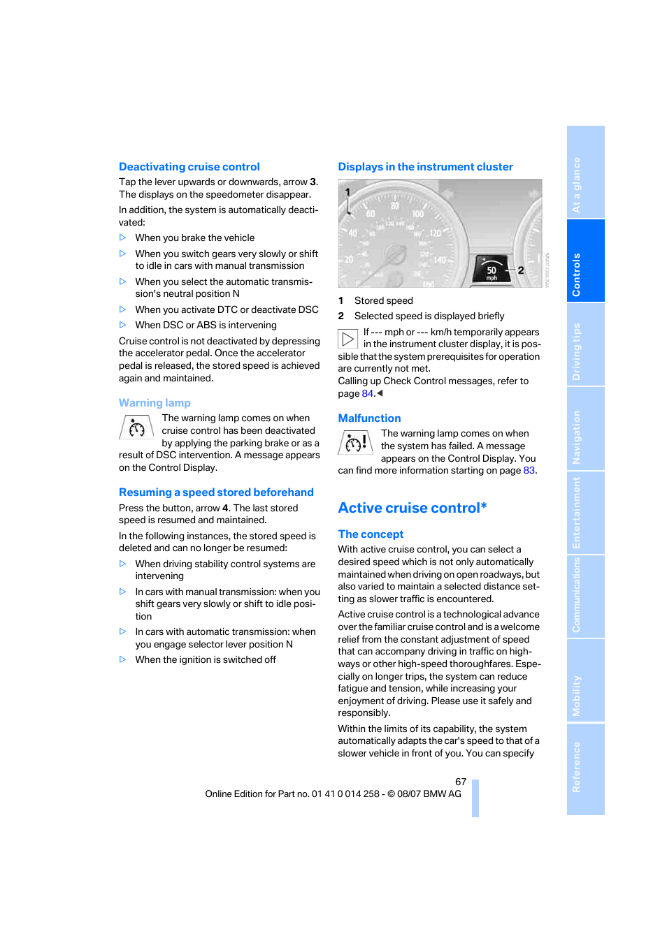 Active cruise control | BMW 335i Convertible 2008 User Manual | Page 69 / 272