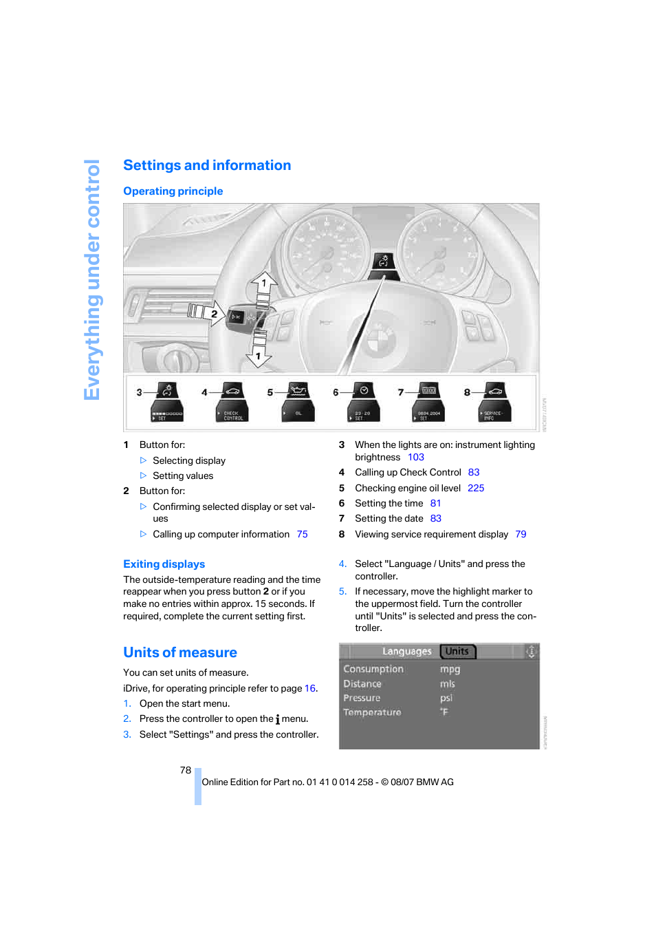 Settings and information, Units of measure, Eve ryth ing un de r co nt rol | BMW 335i Convertible 2008 User Manual | Page 80 / 272