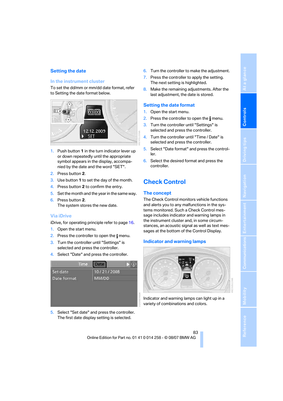 Check control, Date | BMW 335i Convertible 2008 User Manual | Page 85 / 272