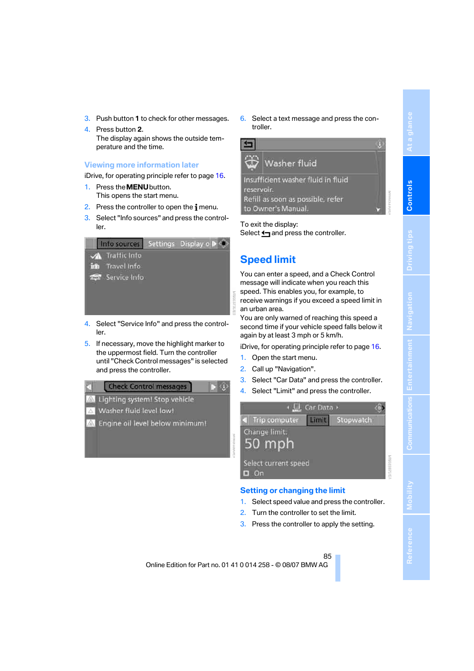 Speed limit | BMW 335i Convertible 2008 User Manual | Page 87 / 272