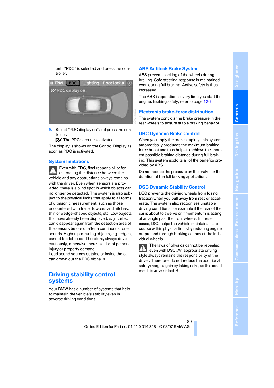 Driving stability control systems | BMW 335i Convertible 2008 User Manual | Page 91 / 272