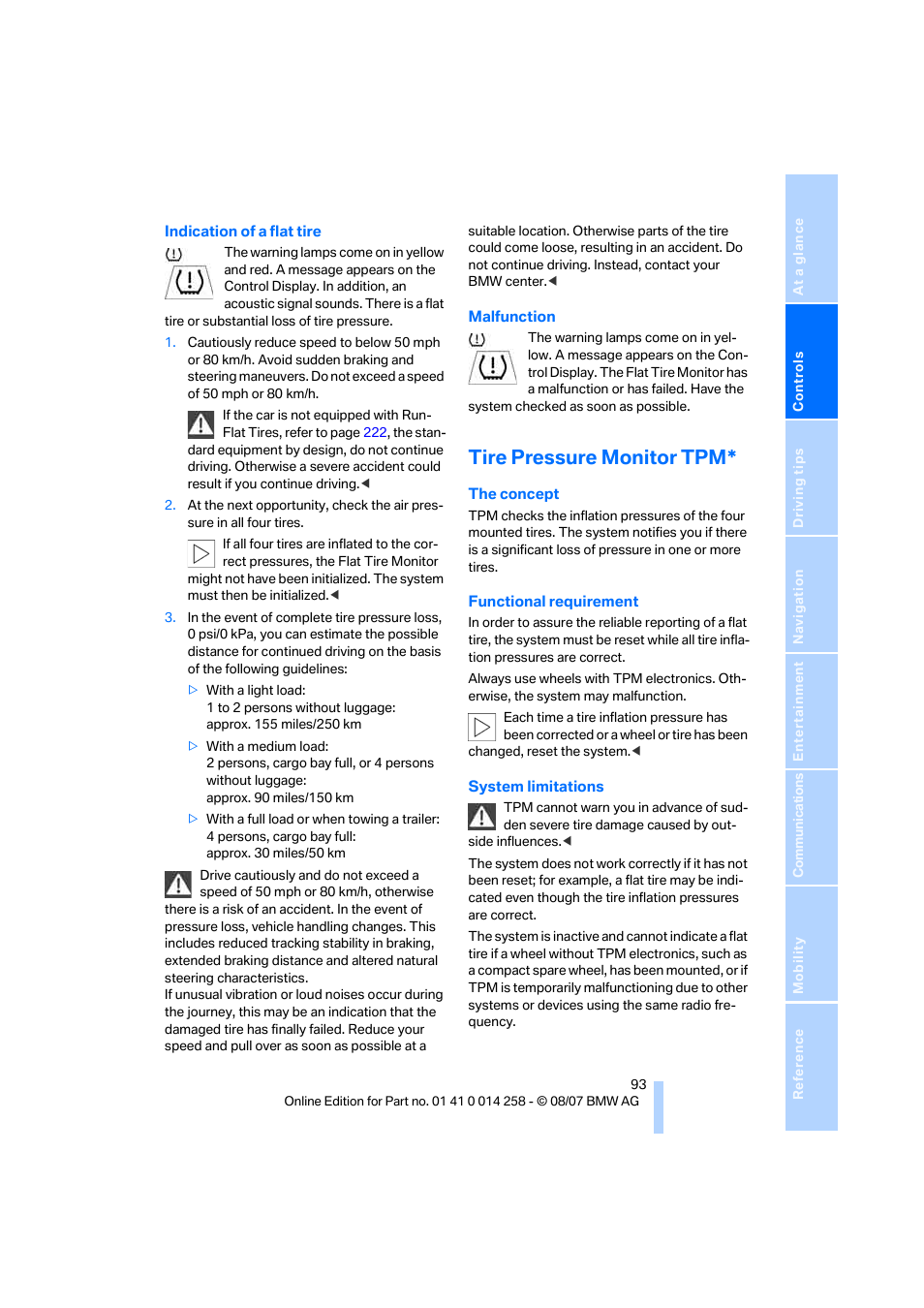 Tire pressure monitor tpm | BMW 335i Convertible 2008 User Manual | Page 95 / 272