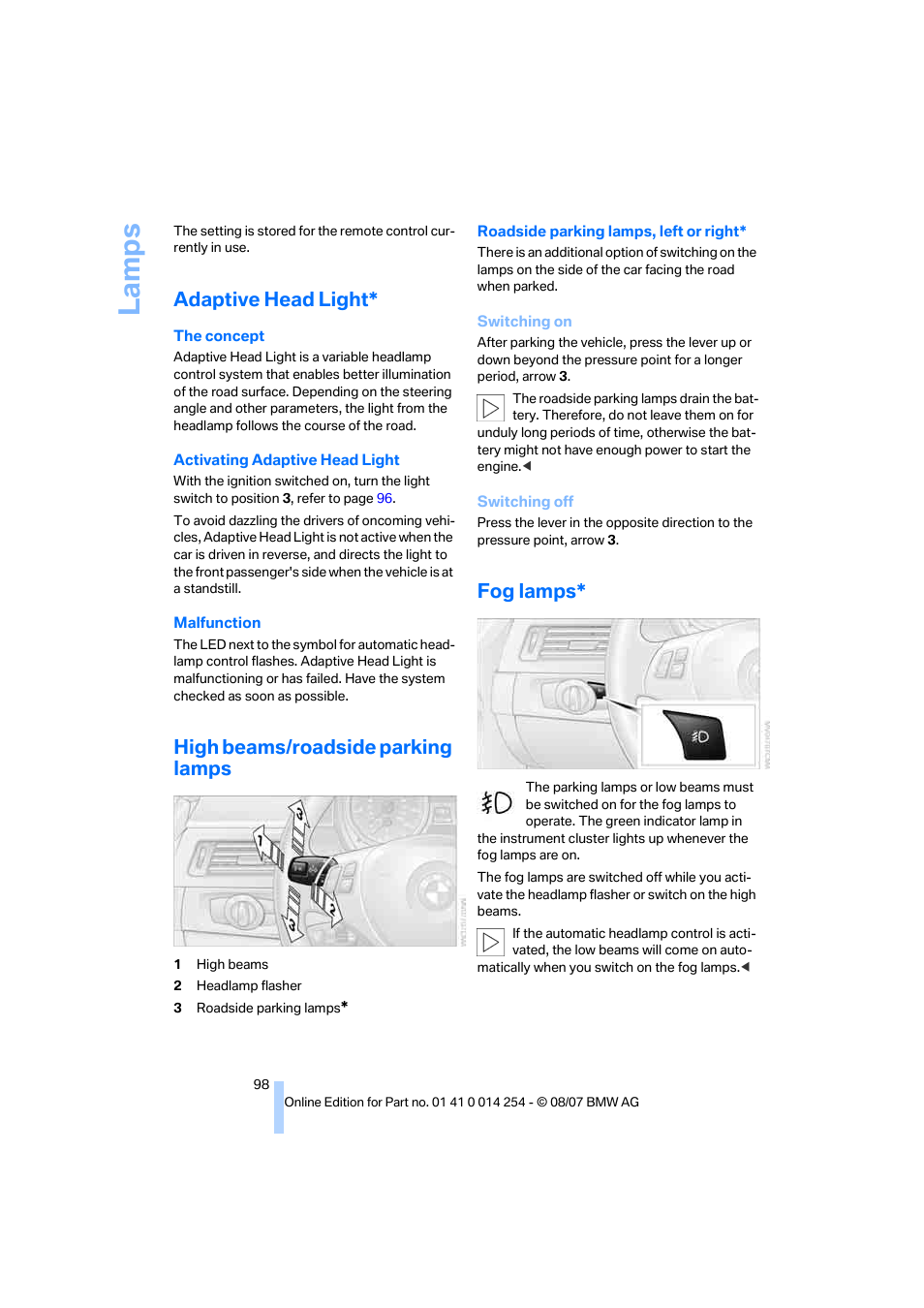 Adaptive head light, High beams/roadside parking lamps, Fog lamps | La mp s | BMW 328xi Sports Wagon 2008 User Manual | Page 100 / 274