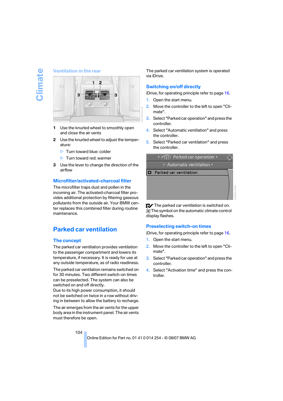 Parked car ventilation, Climate | BMW 328xi Sports Wagon 2008 User Manual | Page 106 / 274