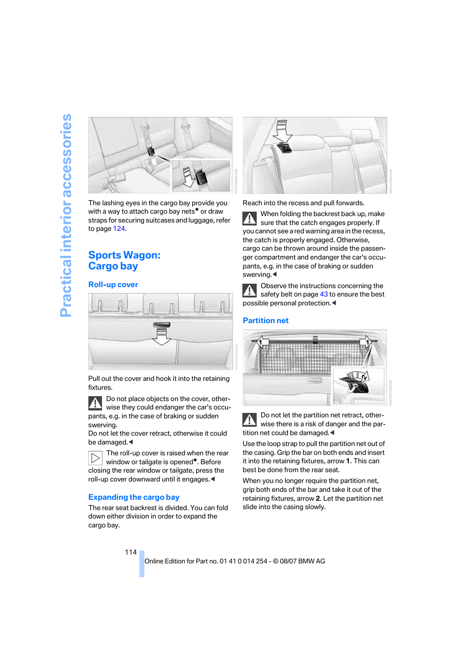 Sports wagon: cargo bay, Practical interi or acc ess orie s | BMW 328xi Sports Wagon 2008 User Manual | Page 116 / 274