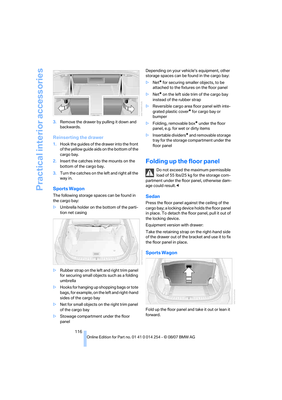 Folding up the floor panel, Practical interi or acc ess orie s | BMW 328xi Sports Wagon 2008 User Manual | Page 118 / 274