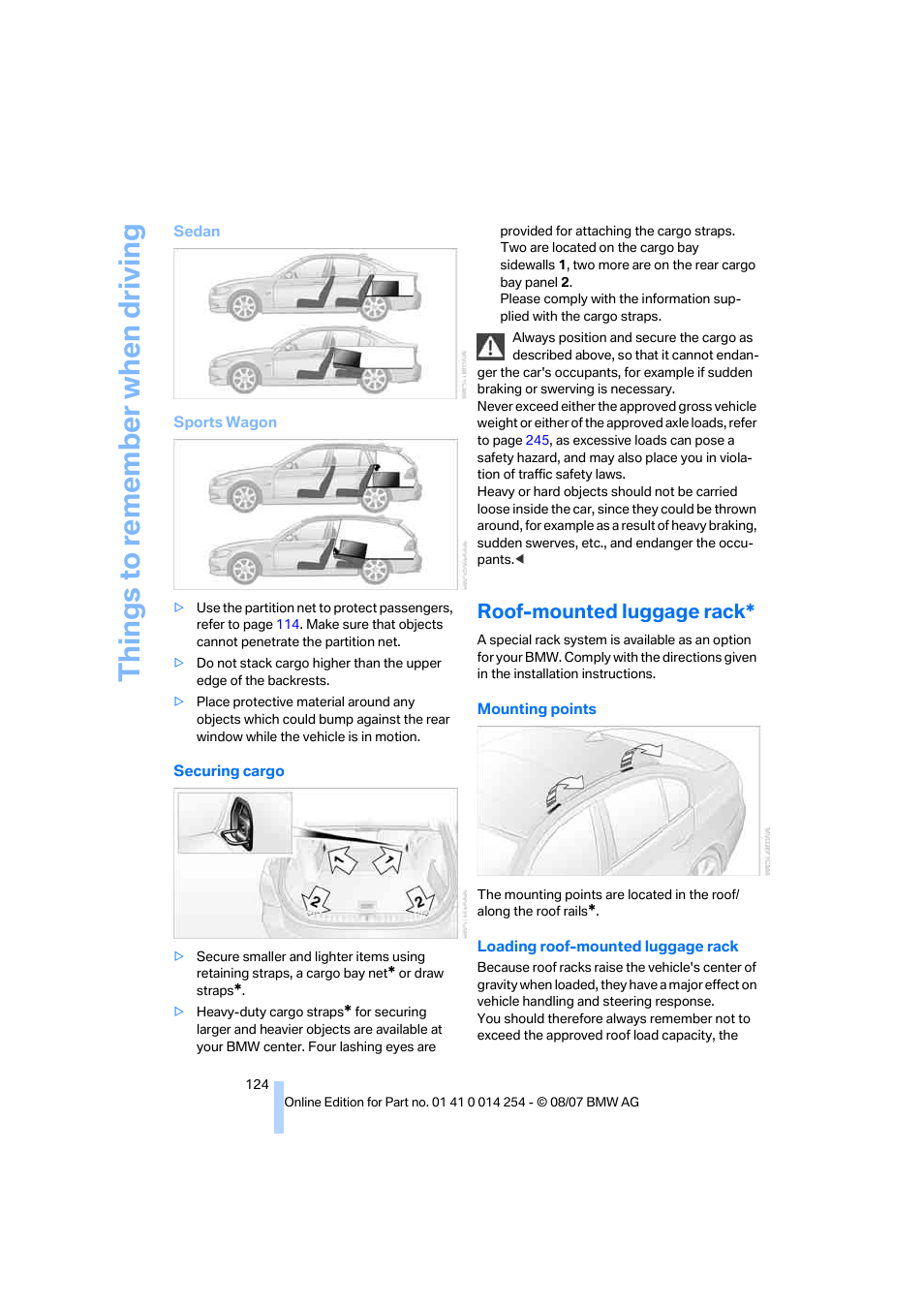 Roof-mounted luggage rack, Things to re memb er when driving | BMW 328xi Sports Wagon 2008 User Manual | Page 126 / 274