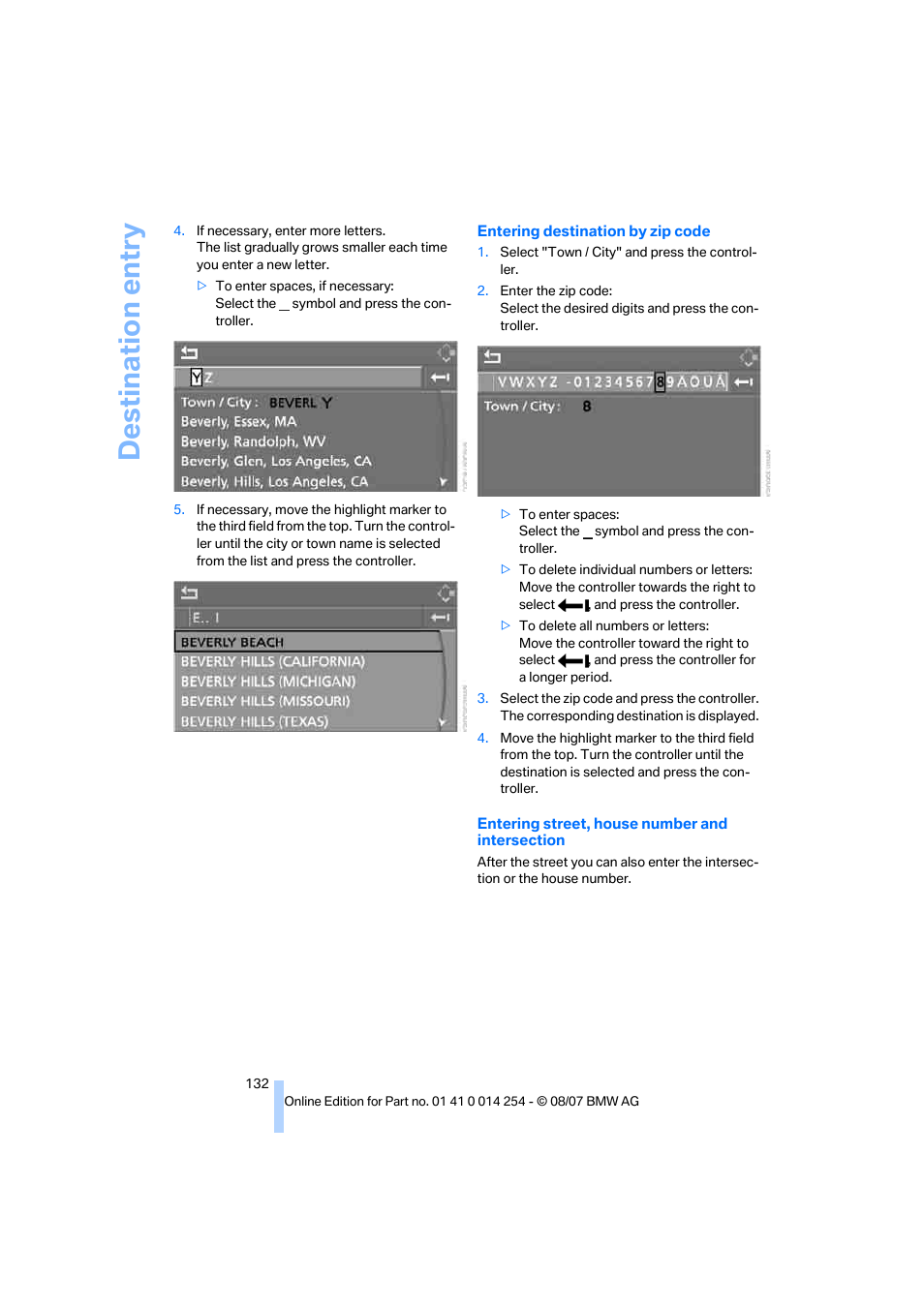 Destination entry | BMW 328xi Sports Wagon 2008 User Manual | Page 134 / 274