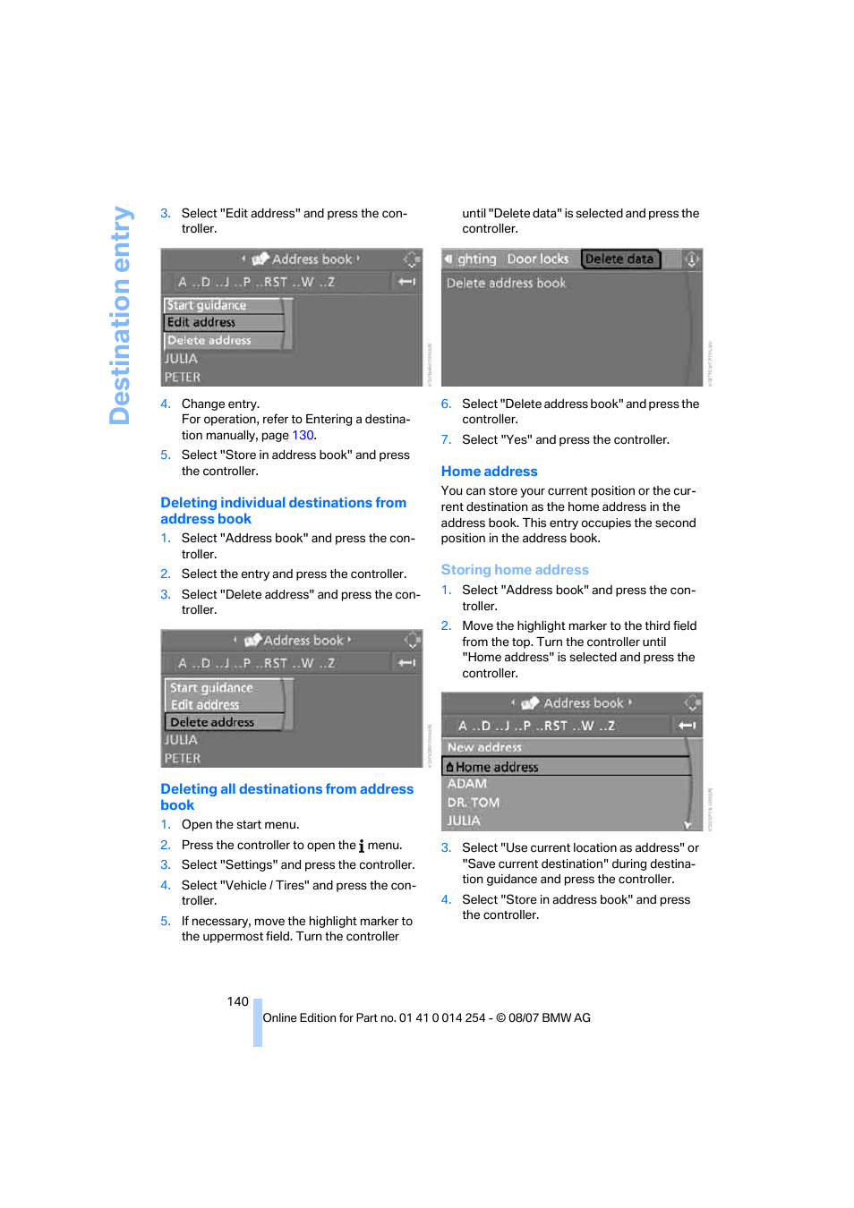 Destination entry | BMW 328xi Sports Wagon 2008 User Manual | Page 142 / 274