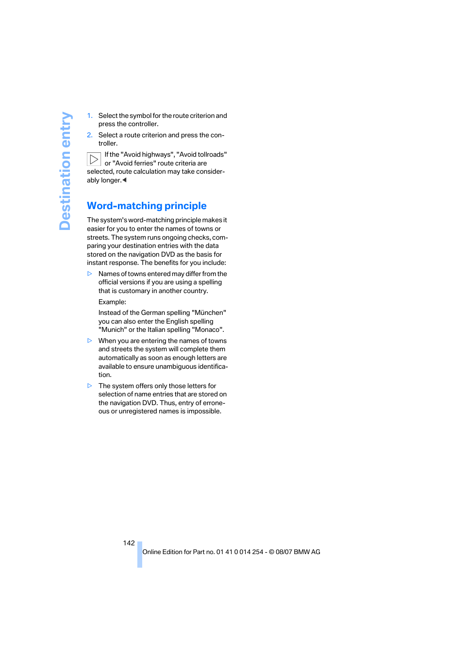 Word-matching principle, Destination entry | BMW 328xi Sports Wagon 2008 User Manual | Page 144 / 274