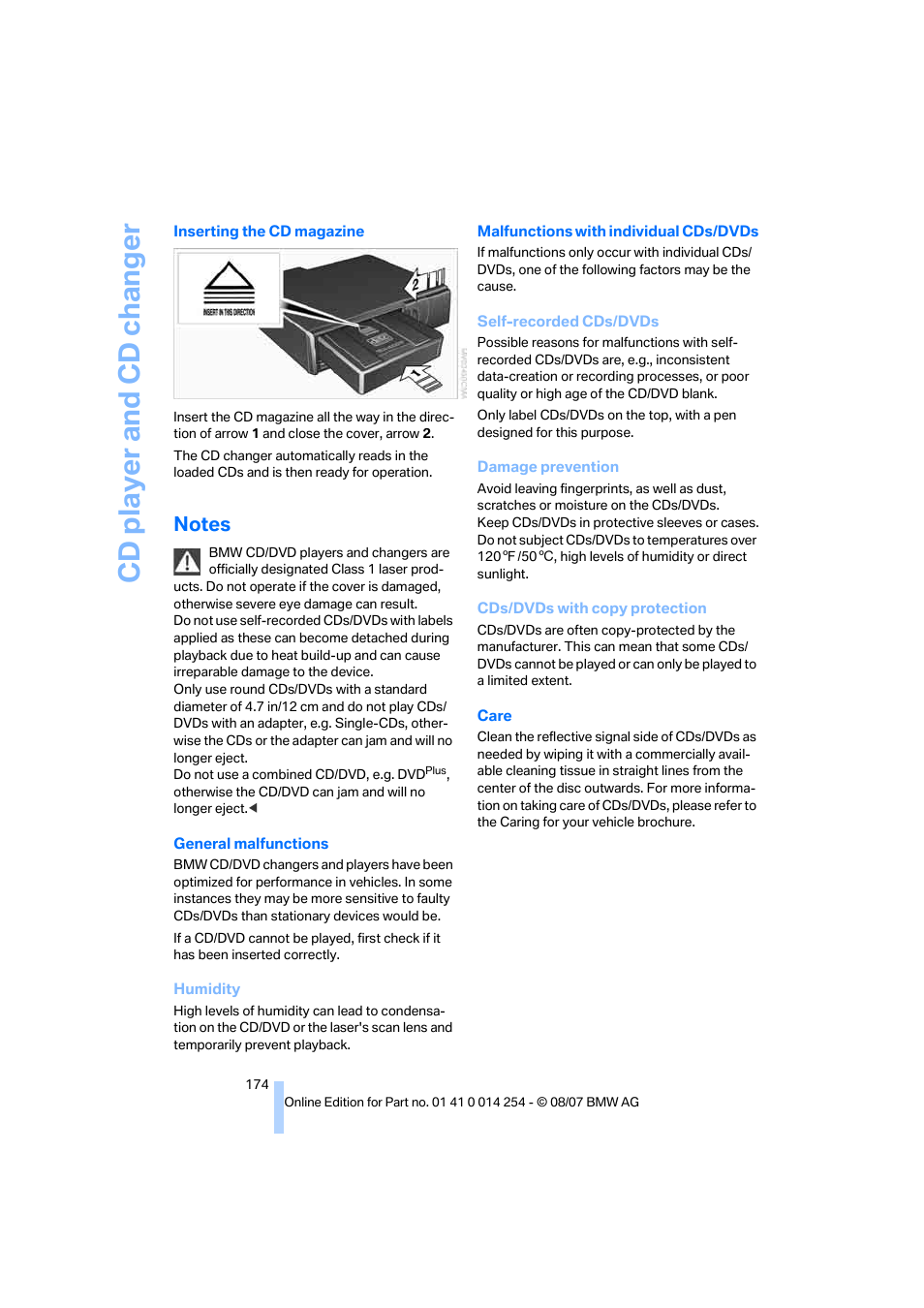 Notes, Cd player and cd changer | BMW 328xi Sports Wagon 2008 User Manual | Page 176 / 274