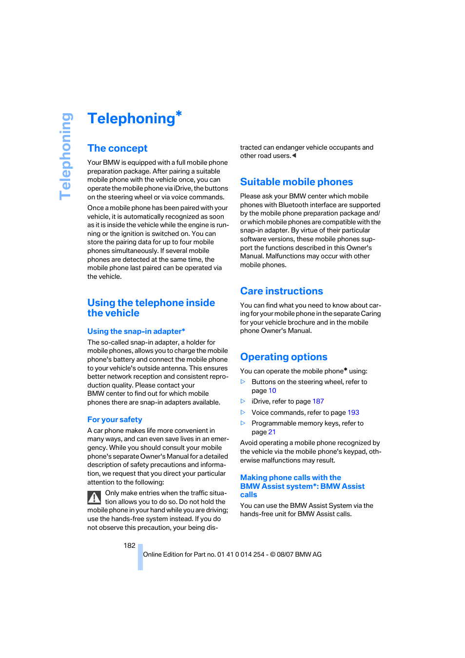 Telephoning, The concept, Using the telephone inside the vehicle | Suitable mobile phones, Care instructions, Operating options, Telep h oning | BMW 328xi Sports Wagon 2008 User Manual | Page 184 / 274
