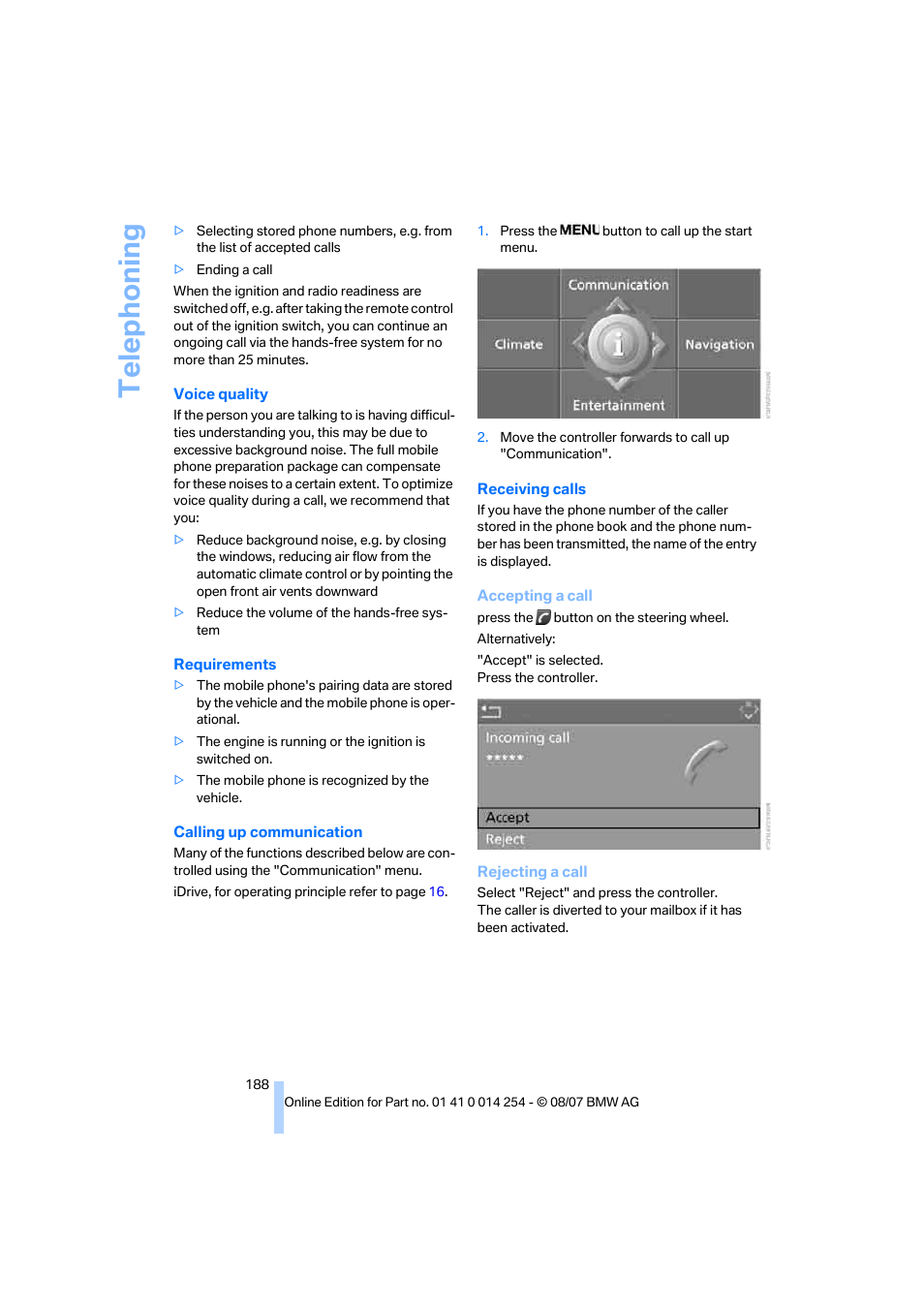 Telep h oning | BMW 328xi Sports Wagon 2008 User Manual | Page 190 / 274