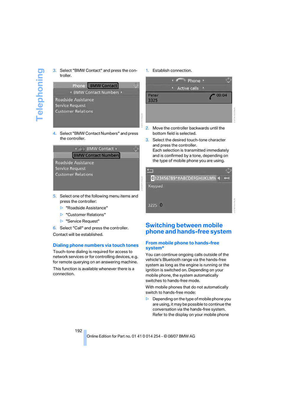 Telep h oning | BMW 328xi Sports Wagon 2008 User Manual | Page 194 / 274