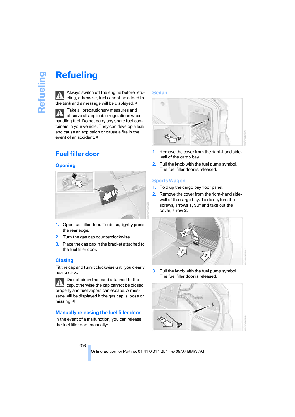 Refueling, Fuel filler door, Lity | Re fueling | BMW 328xi Sports Wagon 2008 User Manual | Page 208 / 274