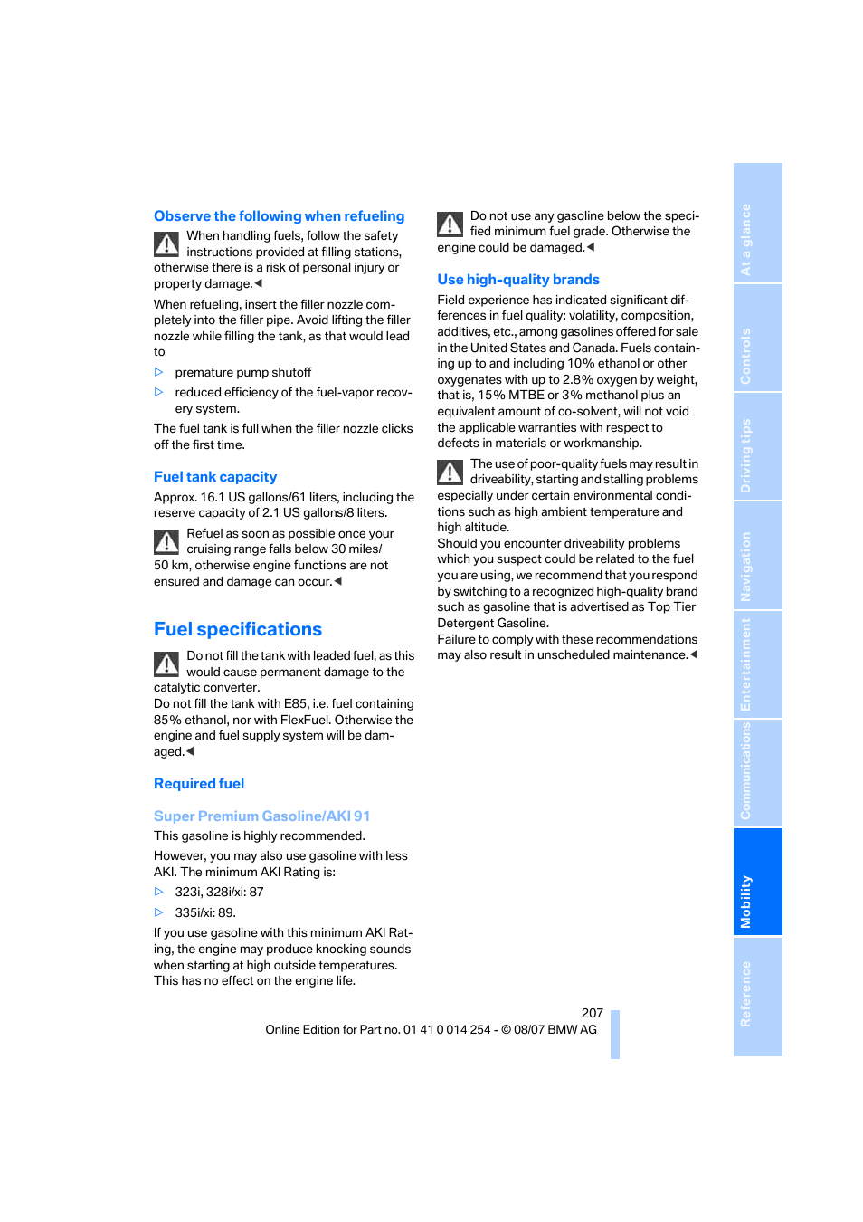 Fuel specifications | BMW 328xi Sports Wagon 2008 User Manual | Page 209 / 274