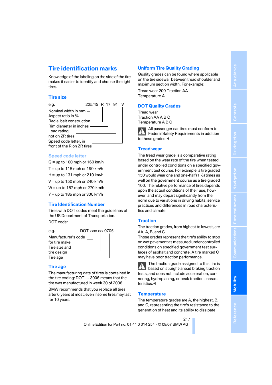 Tire identification marks | BMW 328xi Sports Wagon 2008 User Manual | Page 219 / 274