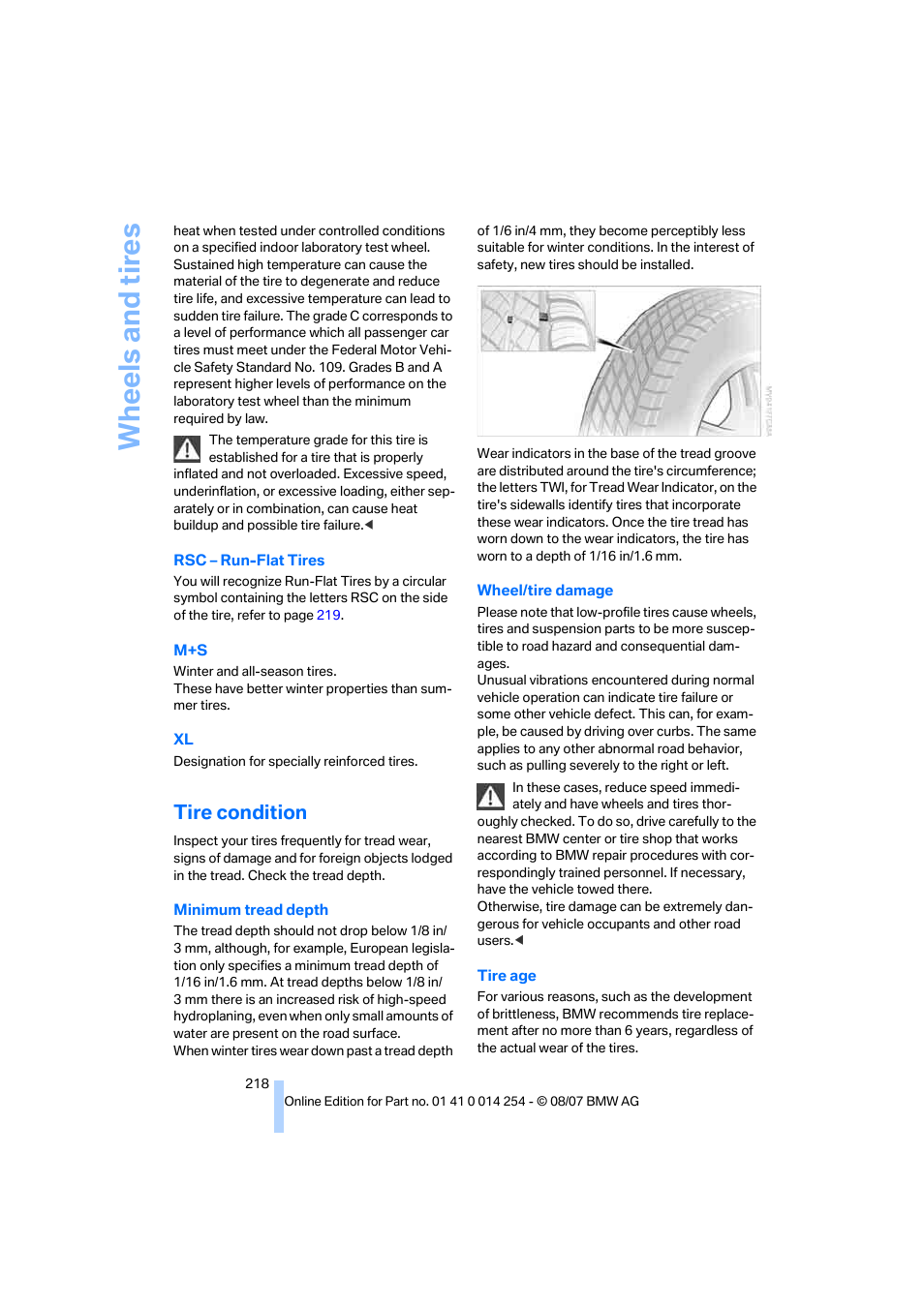 Tire condition, Wh eels and tire s | BMW 328xi Sports Wagon 2008 User Manual | Page 220 / 274