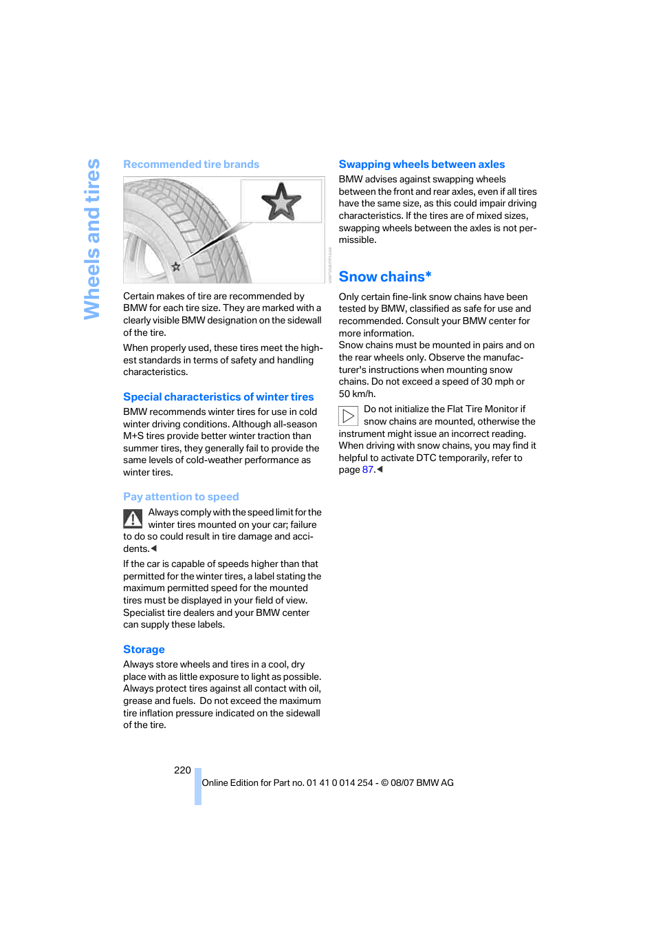 Snow chains, Wh eels and tire s | BMW 328xi Sports Wagon 2008 User Manual | Page 222 / 274