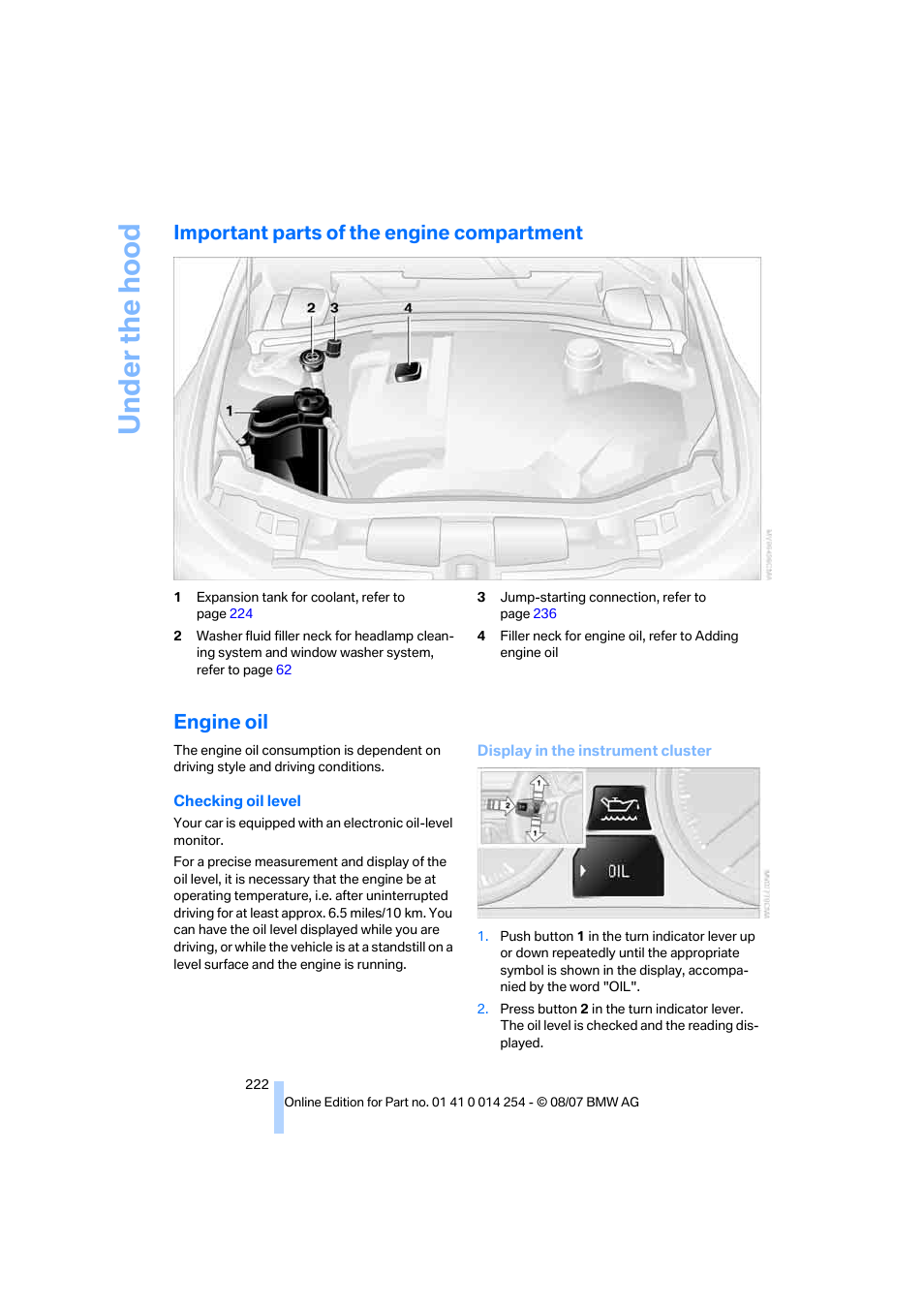 Important parts of the engine compartment, Engine oil | BMW 328xi Sports Wagon 2008 User Manual | Page 224 / 274