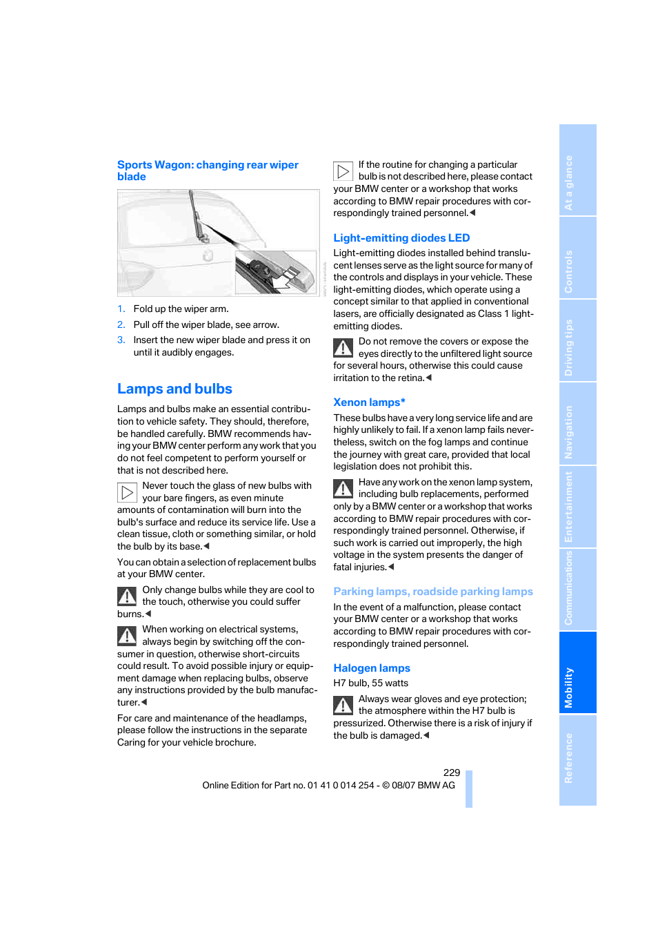 Lamps and bulbs | BMW 328xi Sports Wagon 2008 User Manual | Page 231 / 274