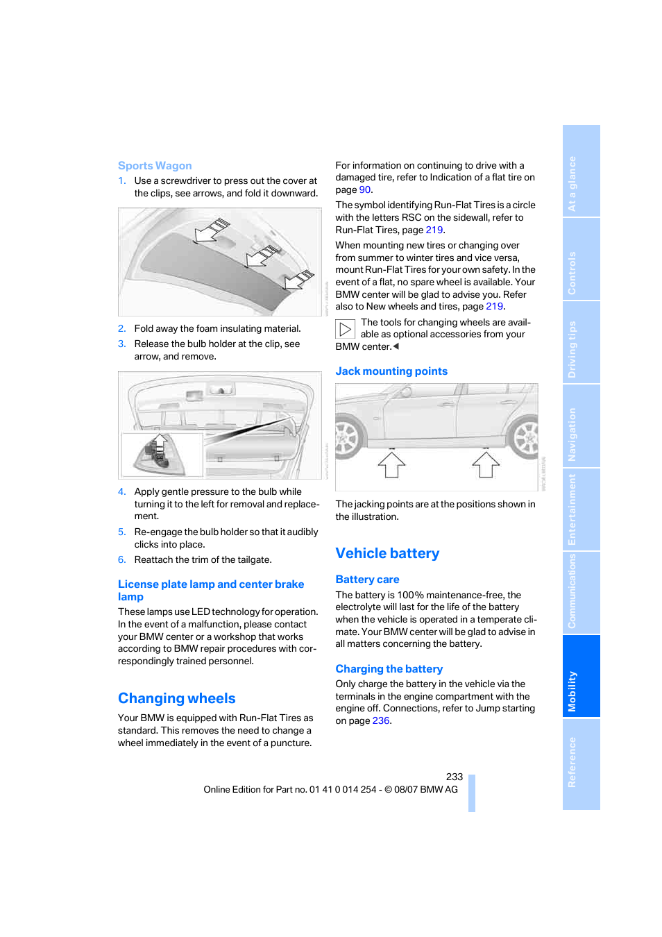 Changing wheels, Vehicle battery | BMW 328xi Sports Wagon 2008 User Manual | Page 235 / 274