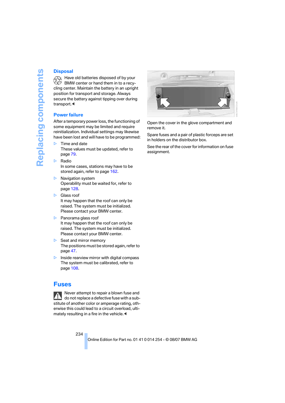 Fuses, Replacing components | BMW 328xi Sports Wagon 2008 User Manual | Page 236 / 274