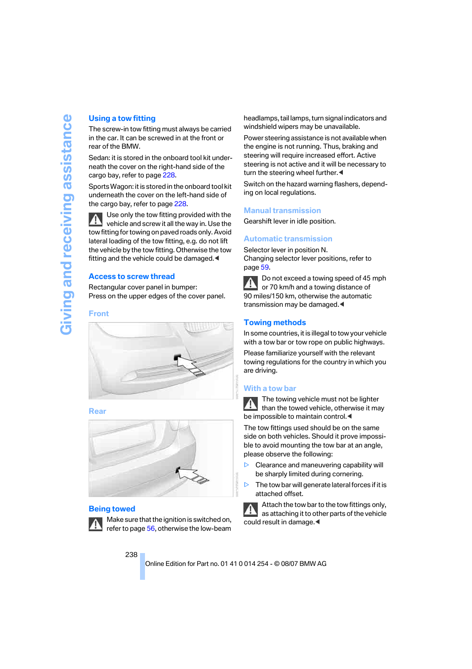 Giving and receiv ing as sistance | BMW 328xi Sports Wagon 2008 User Manual | Page 240 / 274