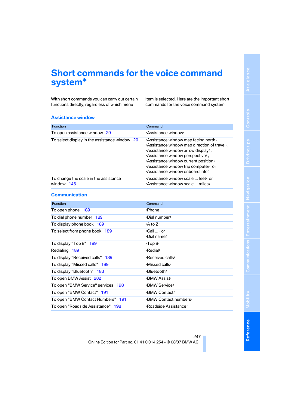 Short commands for the voice command system | BMW 328xi Sports Wagon 2008 User Manual | Page 249 / 274