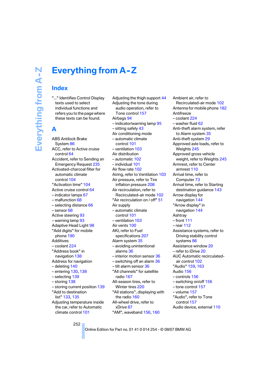 Everything from a - z, Index, Ev e ryth ing from a -z | Everything from a-z | BMW 328xi Sports Wagon 2008 User Manual | Page 254 / 274