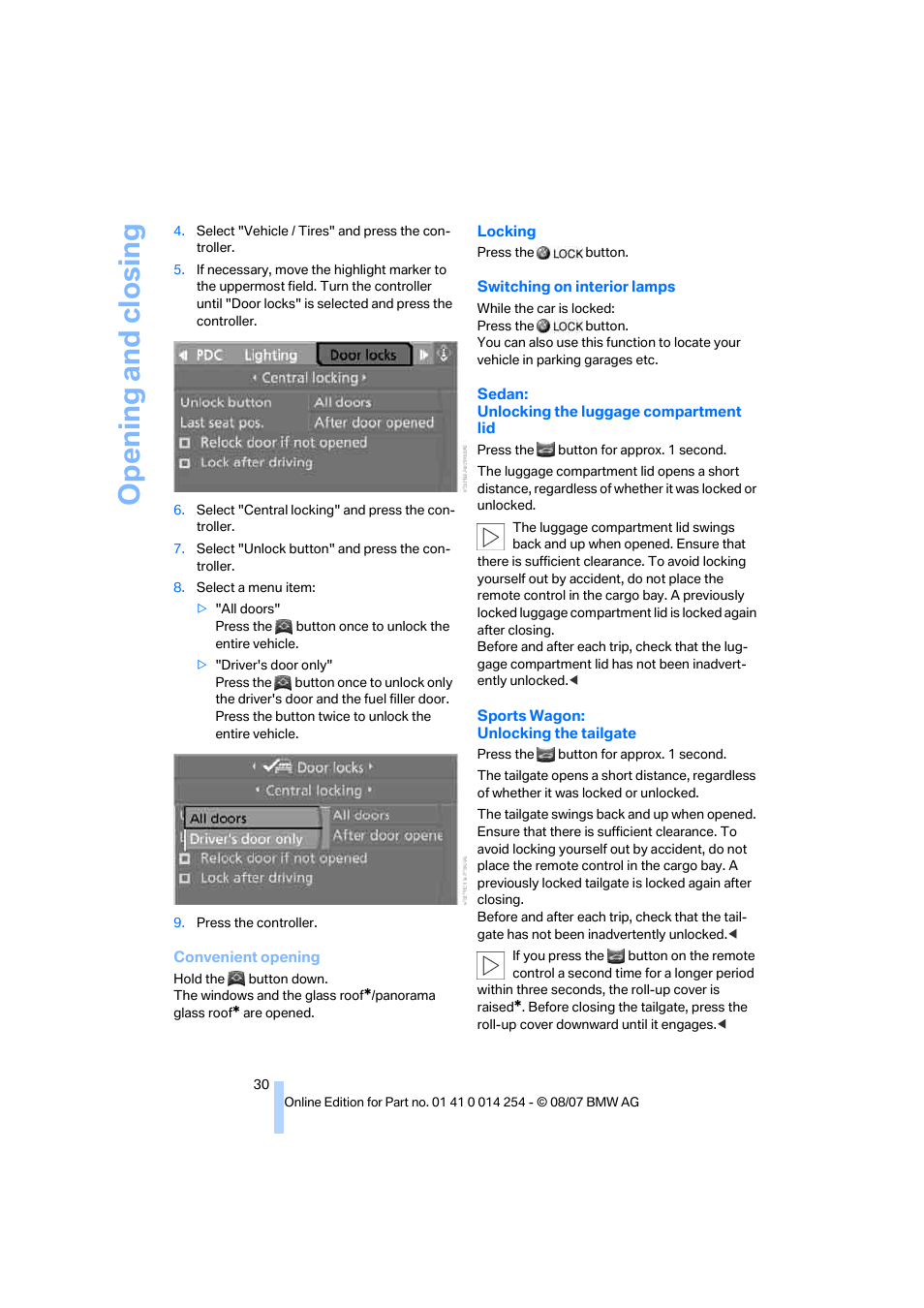 Opening and closing | BMW 328xi Sports Wagon 2008 User Manual | Page 32 / 274