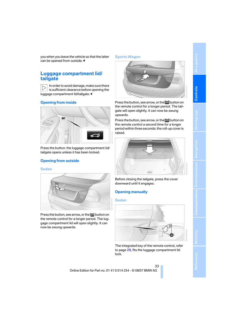 Luggage compartment lid/ tailgate | BMW 328xi Sports Wagon 2008 User Manual | Page 35 / 274